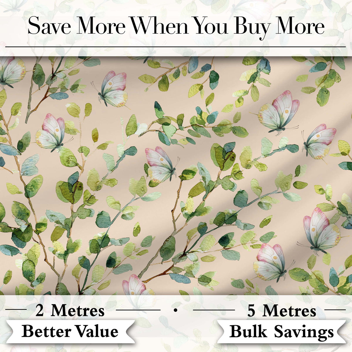 Watercolor Butterflies Green Leaves Branches Seamless Pattern Warm Beige  Digital Print Fabric by the Metre UK Sewing Quilting Textile