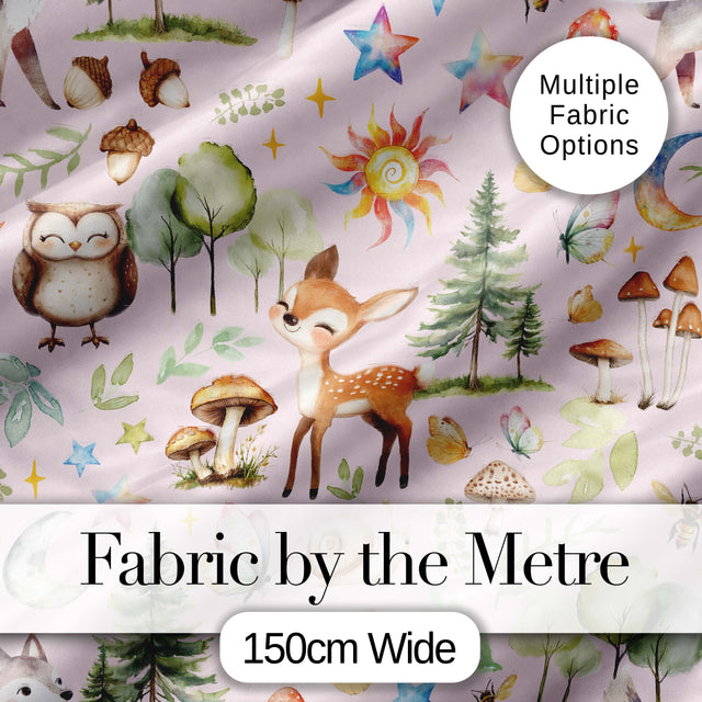 Watercolor Forest Animals Deer Owl Mushrooms Stars Seamless Pattern Soft Pink  Digital Print Fabric by the Metre UK Sewing Quilting Textile