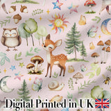 Watercolor Forest Animals Deer Owl Mushrooms Stars Seamless Pattern Soft Pink  Digital Print Fabric by the Metre UK Sewing Quilting Textile