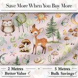 Watercolor Forest Animals Deer Owl Mushrooms Stars Seamless Pattern Soft Pink  Digital Print Fabric by the Metre UK Sewing Quilting Textile