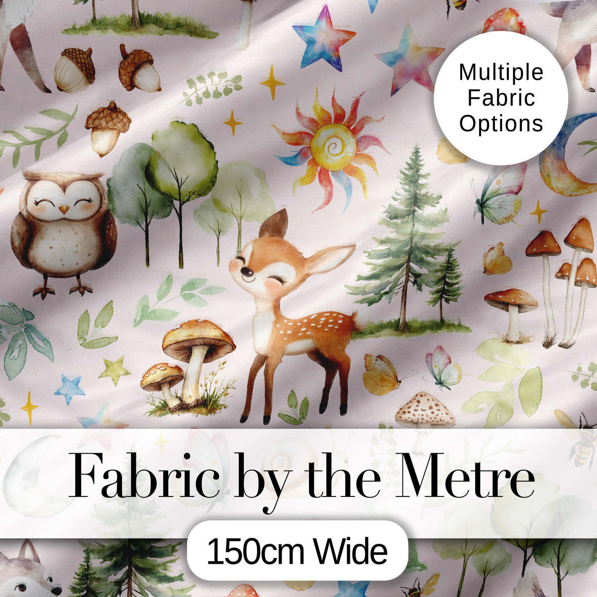 Watercolor Forest Animals Deer Owl Mushrooms Stars Seamless Pattern Soft Beige  Digital Print Fabric by the Metre UK Sewing Quilting Textile