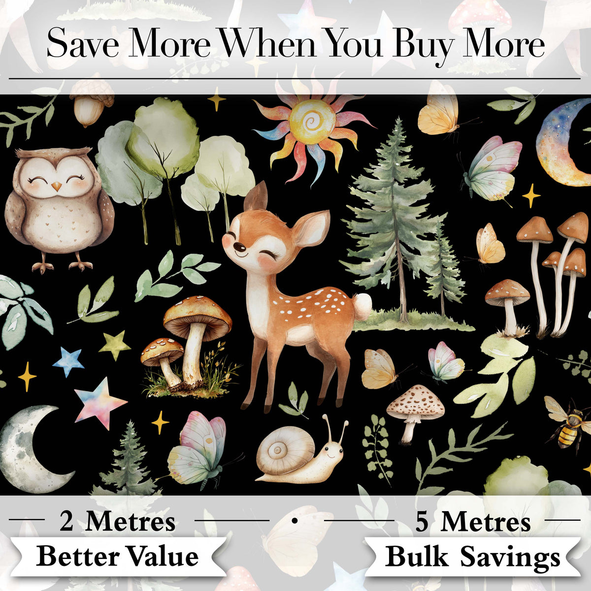 Watercolor Forest Animals Deer Owl Mushrooms Stars Seamless Pattern Black  Digital Print Fabric by the Metre UK Sewing Quilting Textile