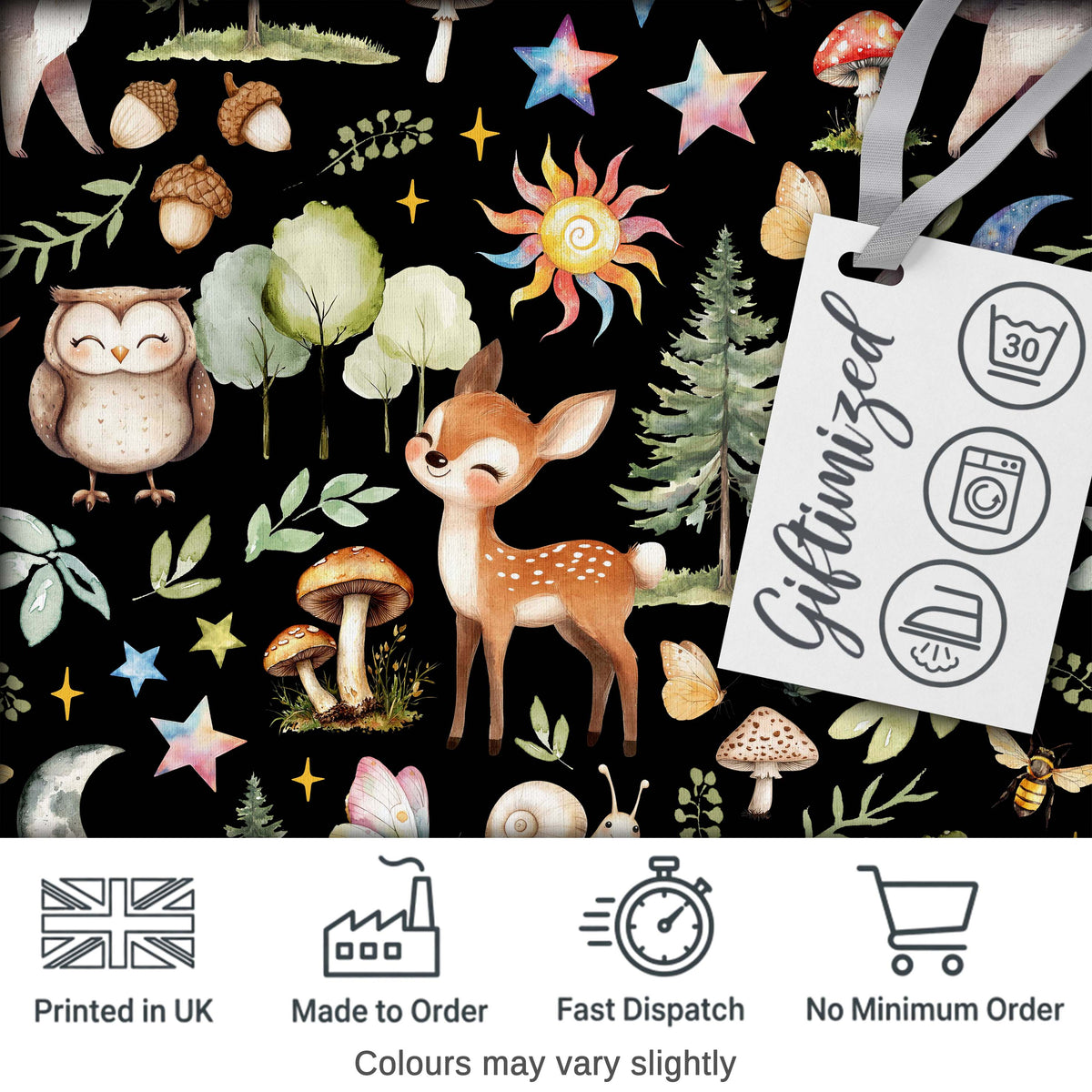 Watercolor Forest Animals Deer Owl Mushrooms Stars Seamless Pattern Black  Digital Print Fabric by the Metre UK Sewing Quilting Textile