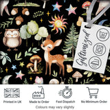 Watercolor Forest Animals Deer Owl Mushrooms Stars Seamless Pattern Black  Digital Print Fabric by the Metre UK Sewing Quilting Textile