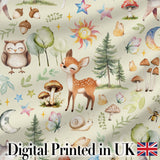 Watercolor Forest Animal Deer Owl Mushrooms Stars Seamless Pattern Light Cream  Digital Print Fabric by the Metre UK Sewing Quilting Textile