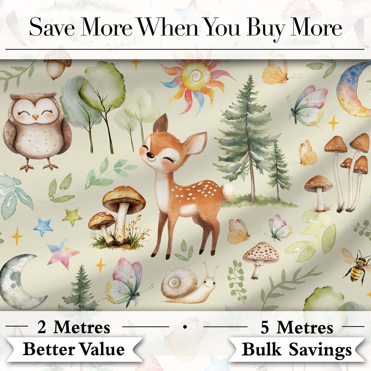 Watercolor Forest Animal Deer Owl Mushrooms Stars Seamless Pattern Light Cream  Digital Print Fabric by the Metre UK Sewing Quilting Textile