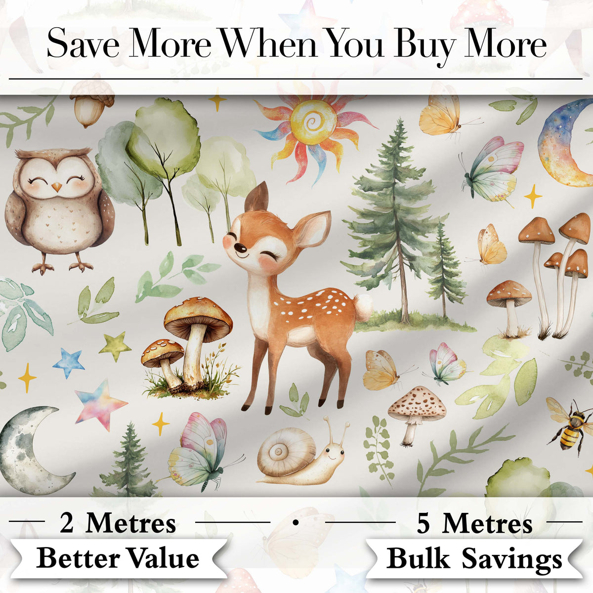 Watercolor Forest Animals Deer Owl Mushrooms Stars Seamless Pattern Soft Grey  Digital Print Fabric by the Metre UK Sewing Quilting Textile