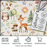 Watercolor Forest Animals Deer Owl Mushrooms Stars Seamless Pattern Soft Grey  Digital Print Fabric by the Metre UK Sewing Quilting Textile