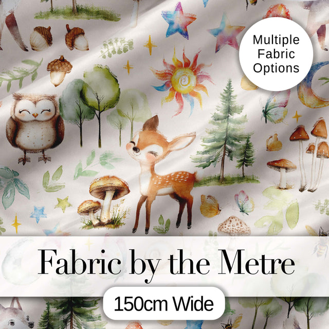 Watercolor Forest Animals Deer Owl Mushrooms Stars Seamless Pattern Warm Beige  Digital Print Fabric by the Metre UK Sewing Quilting Textile