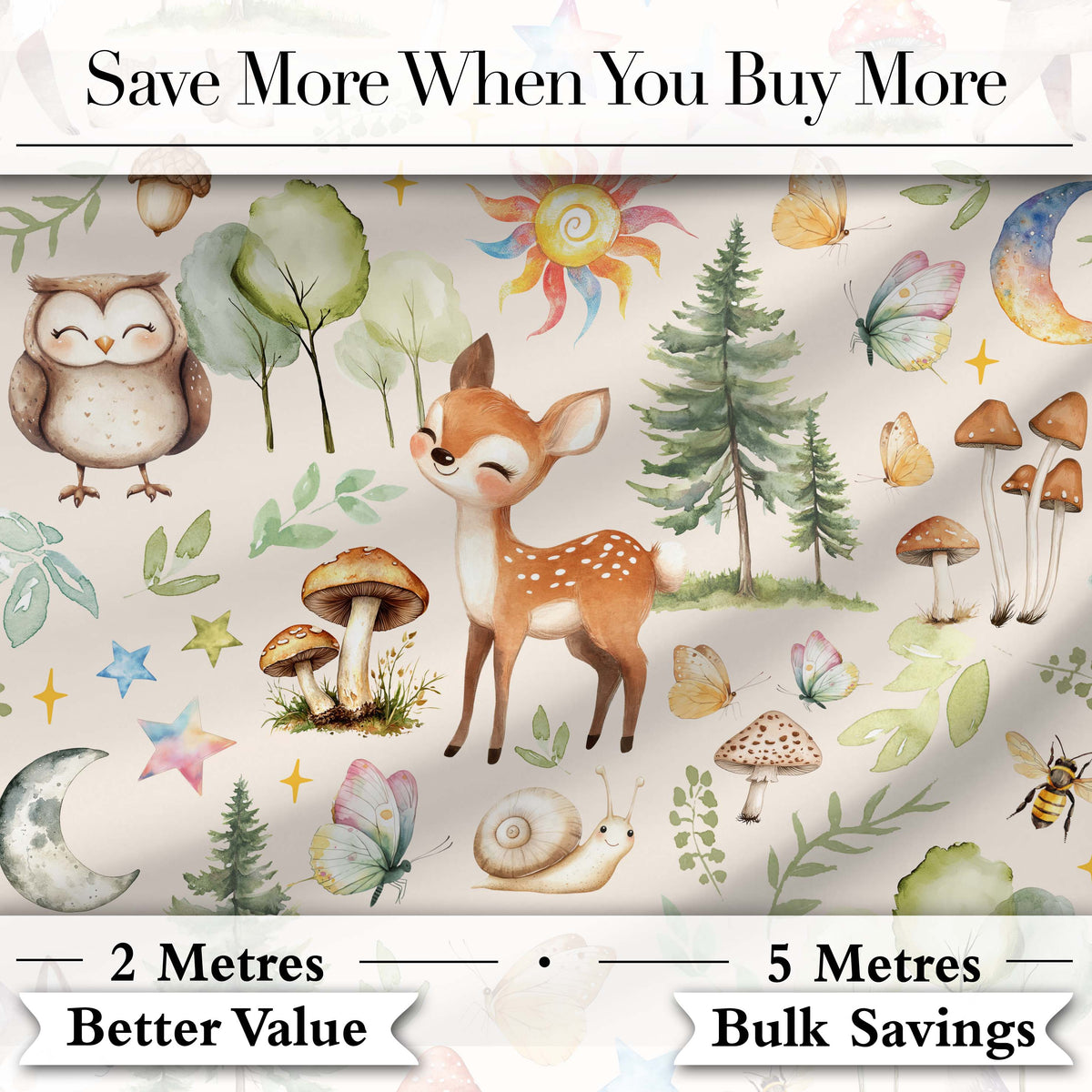 Watercolor Forest Animals Deer Owl Mushrooms Stars Seamless Pattern Warm Beige  Digital Print Fabric by the Metre UK Sewing Quilting Textile