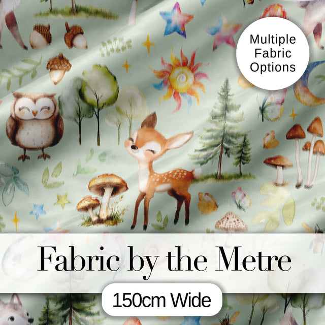 Watercolor Forest Animals Deer Owl Mushrooms Stars Seamless Pattern Sage Green  Digital Print Fabric by the Metre UK Sewing Quilting Textile