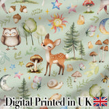Watercolor Forest Animals Deer Owl Mushrooms Stars Seamless Pattern Sage Green  Digital Print Fabric by the Metre UK Sewing Quilting Textile