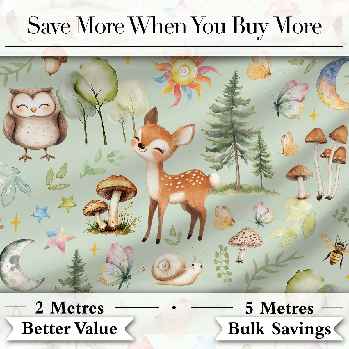 Watercolor Forest Animals Deer Owl Mushrooms Stars Seamless Pattern Sage Green  Digital Print Fabric by the Metre UK Sewing Quilting Textile