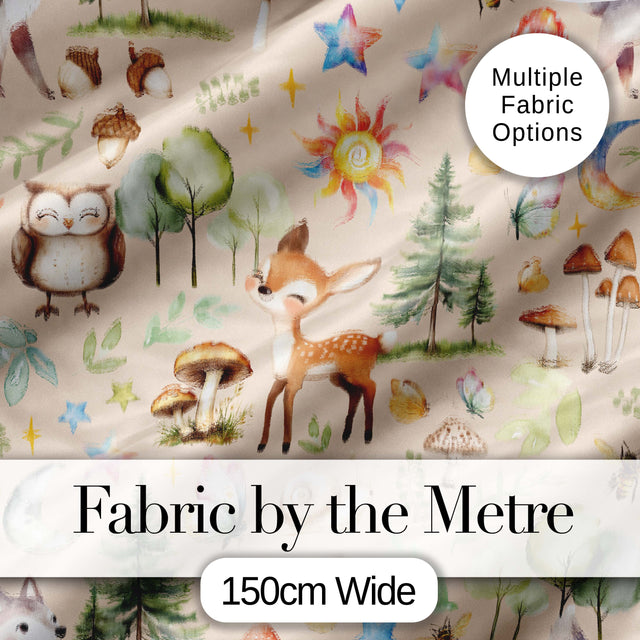 Watercolor Forest Animal Deer Owl Mushrooms Stars Seamless Pattern Light Peach  Digital Print Fabric by the Metre UK Sewing Quilting Textile