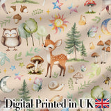 Watercolor Forest Animal Deer Owl Mushrooms Stars Seamless Pattern Light Peach  Digital Print Fabric by the Metre UK Sewing Quilting Textile