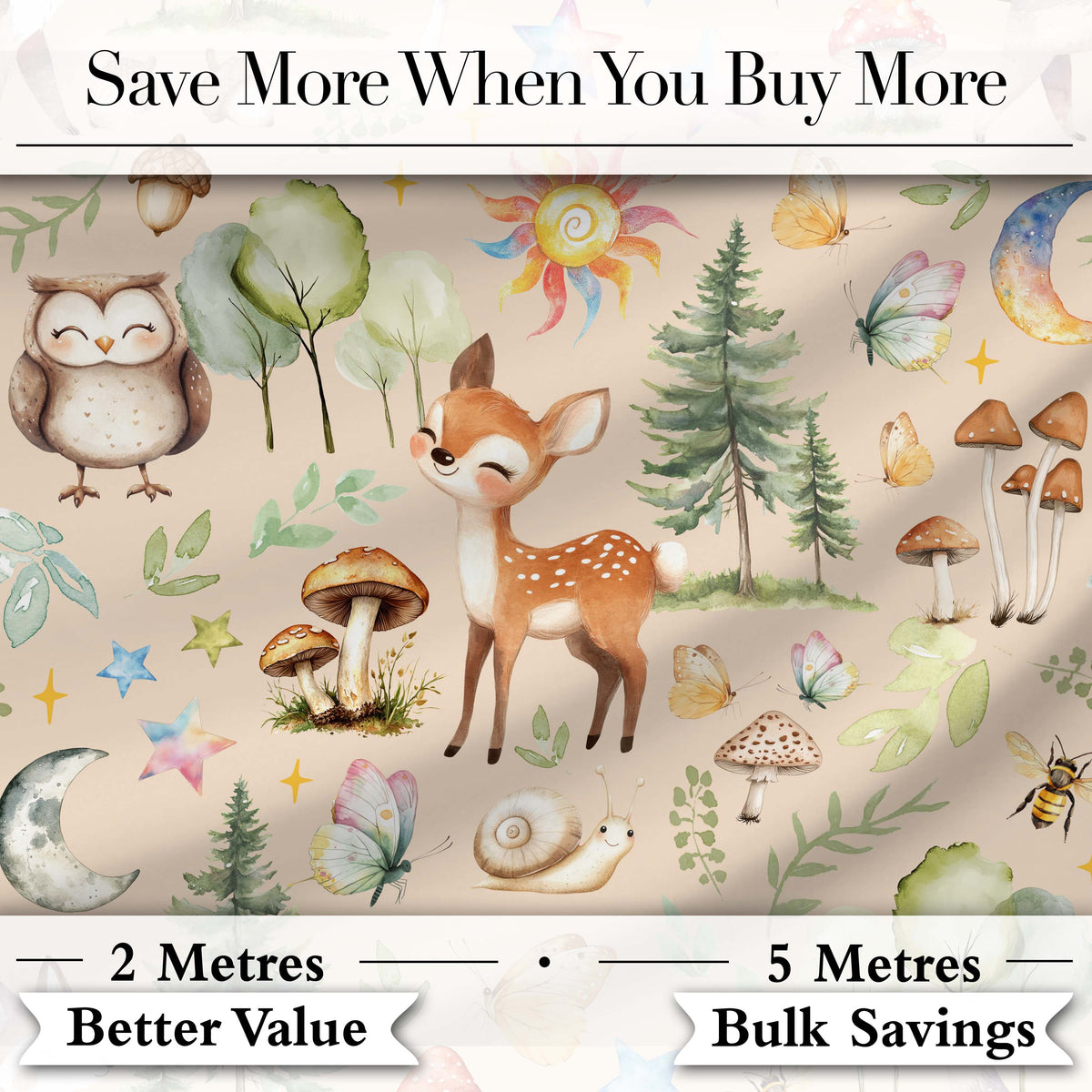 Watercolor Forest Animal Deer Owl Mushrooms Stars Seamless Pattern Light Peach  Digital Print Fabric by the Metre UK Sewing Quilting Textile