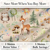 Watercolor Forest Animal Deer Owl Mushrooms Stars Seamless Pattern Light Peach  Digital Print Fabric by the Metre UK Sewing Quilting Textile
