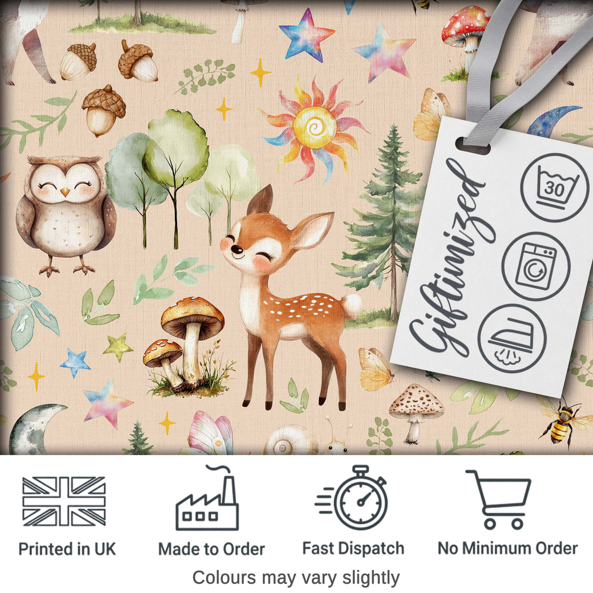 Watercolor Forest Animal Deer Owl Mushrooms Stars Seamless Pattern Light Peach  Digital Print Fabric by the Metre UK Sewing Quilting Textile