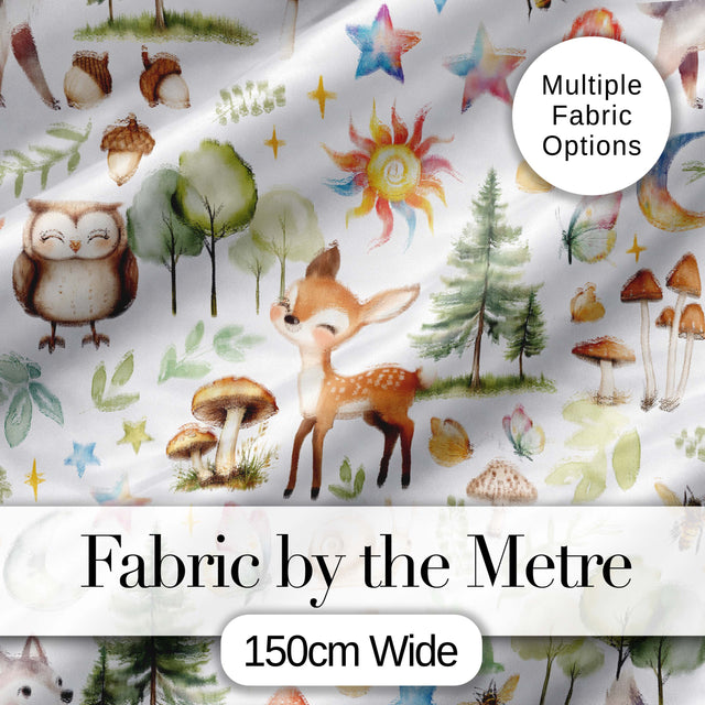 Watercolor Forest Animals Deer Owl Mushrooms Stars Seamless Pattern Soft Cream  Digital Print Fabric by the Metre UK Sewing Quilting Textile