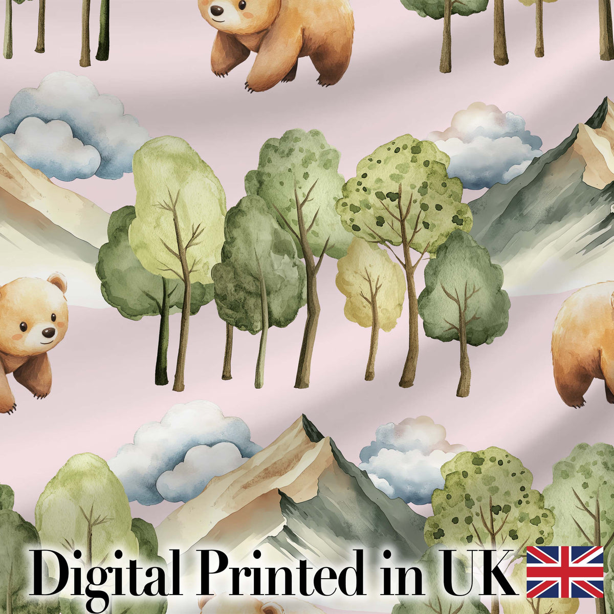 Watercolor Woodland Bears Trees Mountains Seamless Pattern  Pink Background Digital Print Fabric by the Metre UK Sewing Quilting Textile