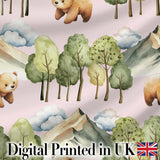 Watercolor Woodland Bears Trees Mountains Seamless Pattern  Pink Background Digital Print Fabric by the Metre UK Sewing Quilting Textile