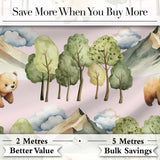 Watercolor Woodland Bears Trees Mountains Seamless Pattern  Pink Background Digital Print Fabric by the Metre UK Sewing Quilting Textile