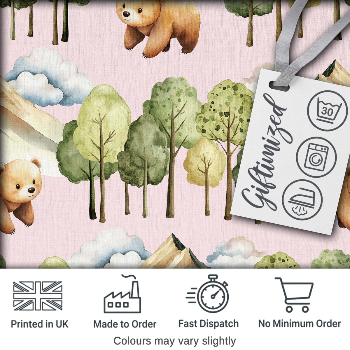 Watercolor Woodland Bears Trees Mountains Seamless Pattern  Pink Background Digital Print Fabric by the Metre UK Sewing Quilting Textile
