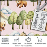 Watercolor Woodland Bears Trees Mountains Seamless Pattern  Pink Background Digital Print Fabric by the Metre UK Sewing Quilting Textile