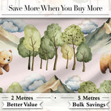 Watercolor Woodland Bears Trees Mountains Seamless Pattern Soft Pink Background Digital Print Fabric by the Metre UK Sewing Quilting Textile