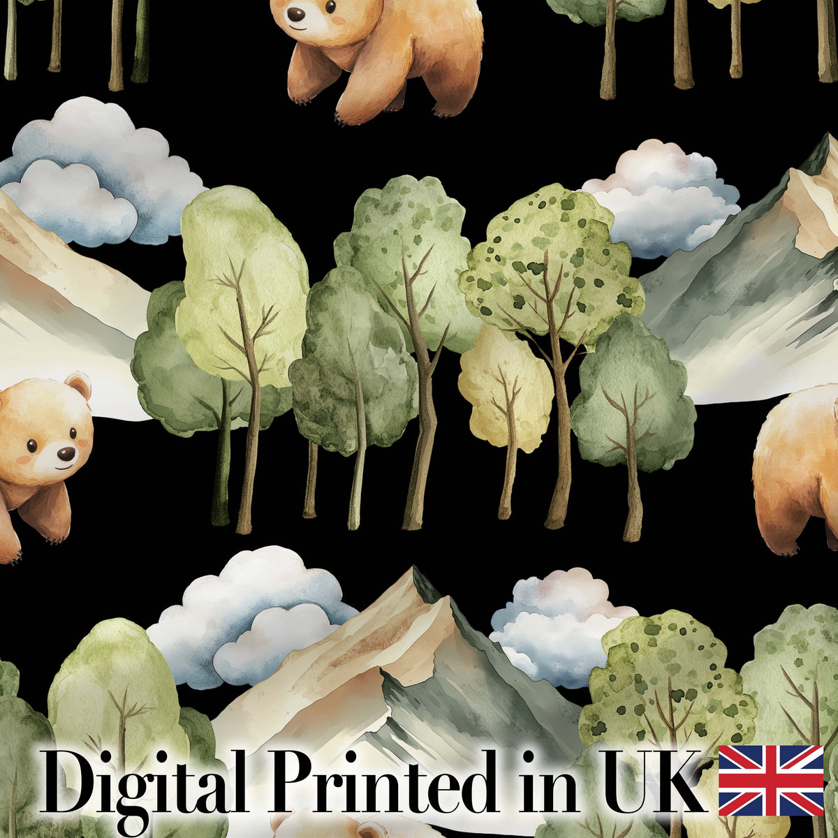 Watercolor Woodland Bear Trees Mountains Seamless Pattern Black Background Digital Print Fabric by the Metre UK Sewing Quilting Textile