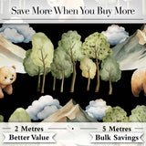 Watercolor Woodland Bear Trees Mountains Seamless Pattern Black Background Digital Print Fabric by the Metre UK Sewing Quilting Textile