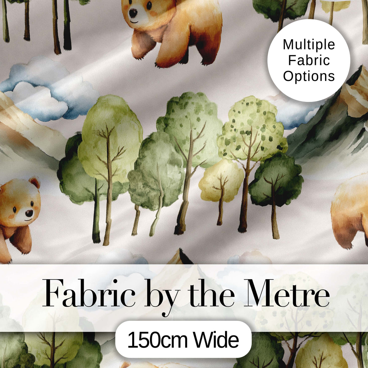 Watercolor Woodland Bear Trees Mountains Seamless Pattern Warm Taupe Background Digital Print Fabric by the Metre UK Sewing Quilting Textile