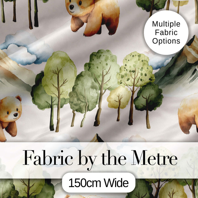 Watercolor Woodland Bear Trees Mountains Seamless Pattern Warm Taupe Background Digital Print Fabric by the Metre UK Sewing Quilting Textile
