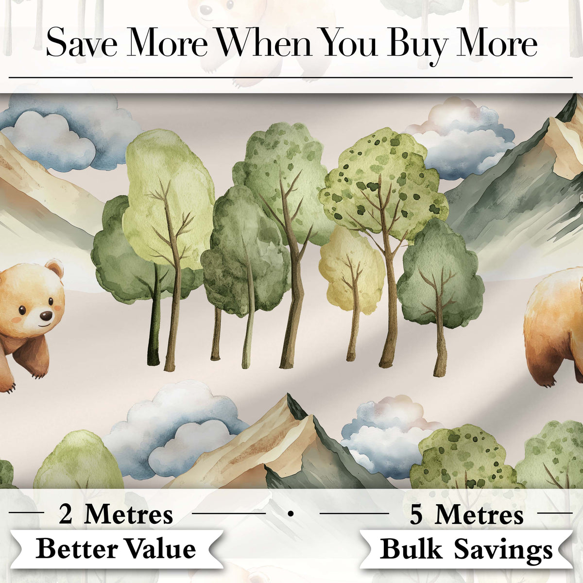 Watercolor Woodland Bear Trees Mountains Seamless Pattern Warm Taupe Background Digital Print Fabric by the Metre UK Sewing Quilting Textile