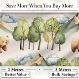 Watercolor Woodland Bear Trees Mountains Seamless Pattern Warm Taupe Background Digital Print Fabric by the Metre UK Sewing Quilting Textile