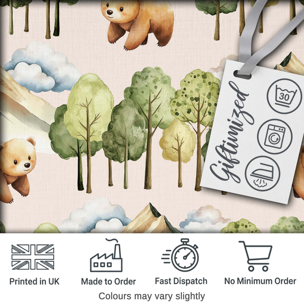 Watercolor Woodland Bear Trees Mountains Seamless Pattern Warm Taupe Background Digital Print Fabric by the Metre UK Sewing Quilting Textile