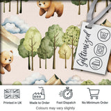 Watercolor Woodland Bear Trees Mountains Seamless Pattern Warm Taupe Background Digital Print Fabric by the Metre UK Sewing Quilting Textile