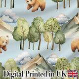 Watercolor Woodland Bear Trees Mountains Seamless Pattern Soft Blue Background Digital Print Fabric by the Metre UK Sewing Quilting Textile