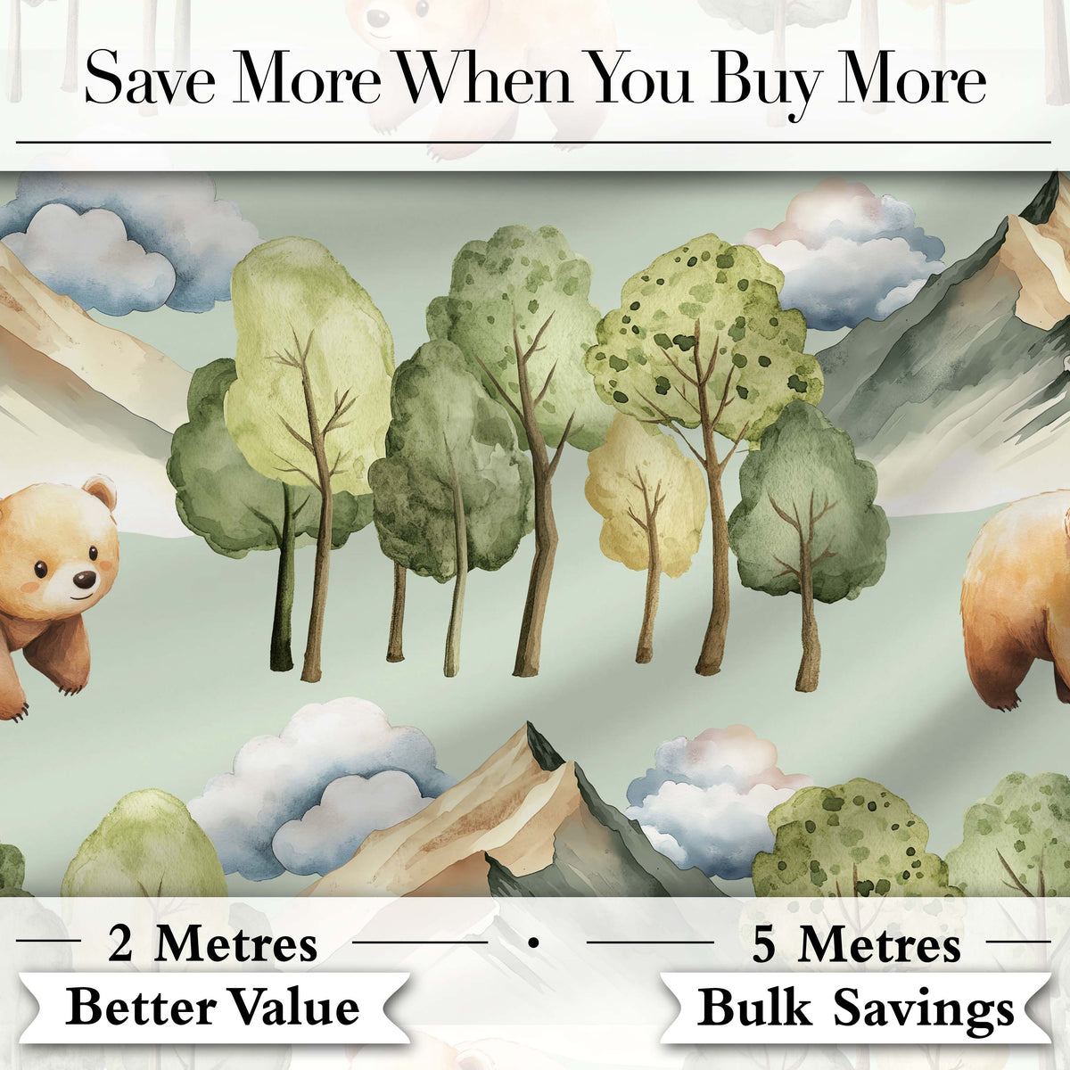 Watercolor Woodland Bear Trees Mountains Seamless Pattern Sage Green Background Digital Print Fabric by the Metre UK Sewing Quilting Textile