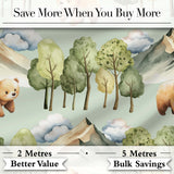 Watercolor Woodland Bear Trees Mountains Seamless Pattern Sage Green Background Digital Print Fabric by the Metre UK Sewing Quilting Textile