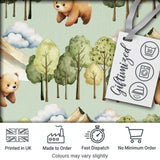 Watercolor Woodland Bear Trees Mountains Seamless Pattern Sage Green Background Digital Print Fabric by the Metre UK Sewing Quilting Textile