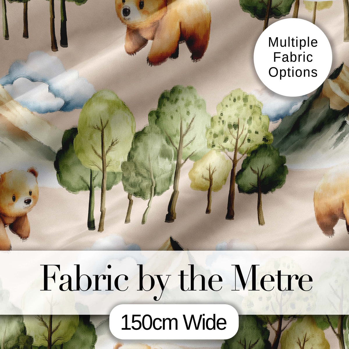 Watercolor Woodland Bear Trees Mountains Seamless Pattern Light Peach  Digital Print Fabric by the Metre UK Sewing Quilting Textile
