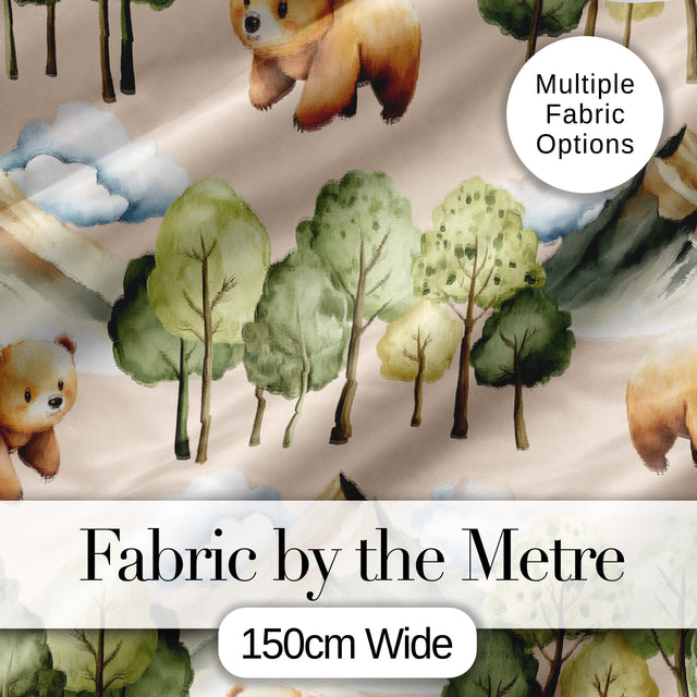 Watercolor Woodland Bear Trees Mountains Seamless Pattern Light Peach  Digital Print Fabric by the Metre UK Sewing Quilting Textile