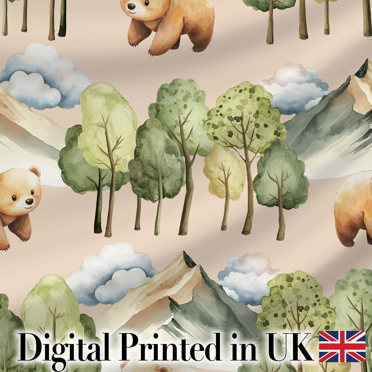 Watercolor Woodland Bear Trees Mountains Seamless Pattern Light Peach  Digital Print Fabric by the Metre UK Sewing Quilting Textile