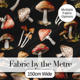 Watercolor Forest Mushrooms Toadstools Seamless Pattern Black Background Digital Print Fabric by the Metre UK Sewing Quilting Textile