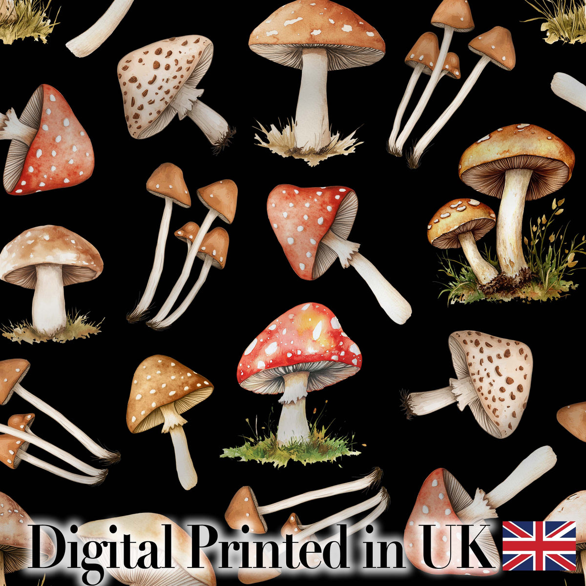 Watercolor Forest Mushrooms Toadstools Seamless Pattern Black Background Digital Print Fabric by the Metre UK Sewing Quilting Textile