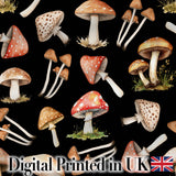 Watercolor Forest Mushrooms Toadstools Seamless Pattern Black Background Digital Print Fabric by the Metre UK Sewing Quilting Textile