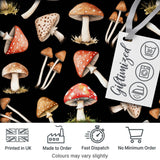 Watercolor Forest Mushrooms Toadstools Seamless Pattern Black Background Digital Print Fabric by the Metre UK Sewing Quilting Textile