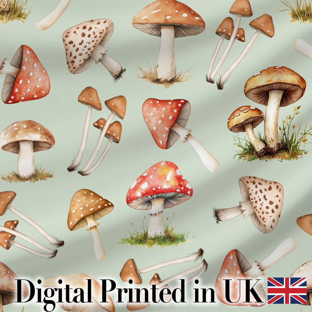 Watercolor Forest Mushrooms Toadstools Seamless Pattern Sage Green Background Digital Print Fabric by the Metre UK Sewing Quilting Textile