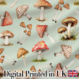 Watercolor Forest Mushrooms Toadstools Seamless Pattern Sage Green Background Digital Print Fabric by the Metre UK Sewing Quilting Textile
